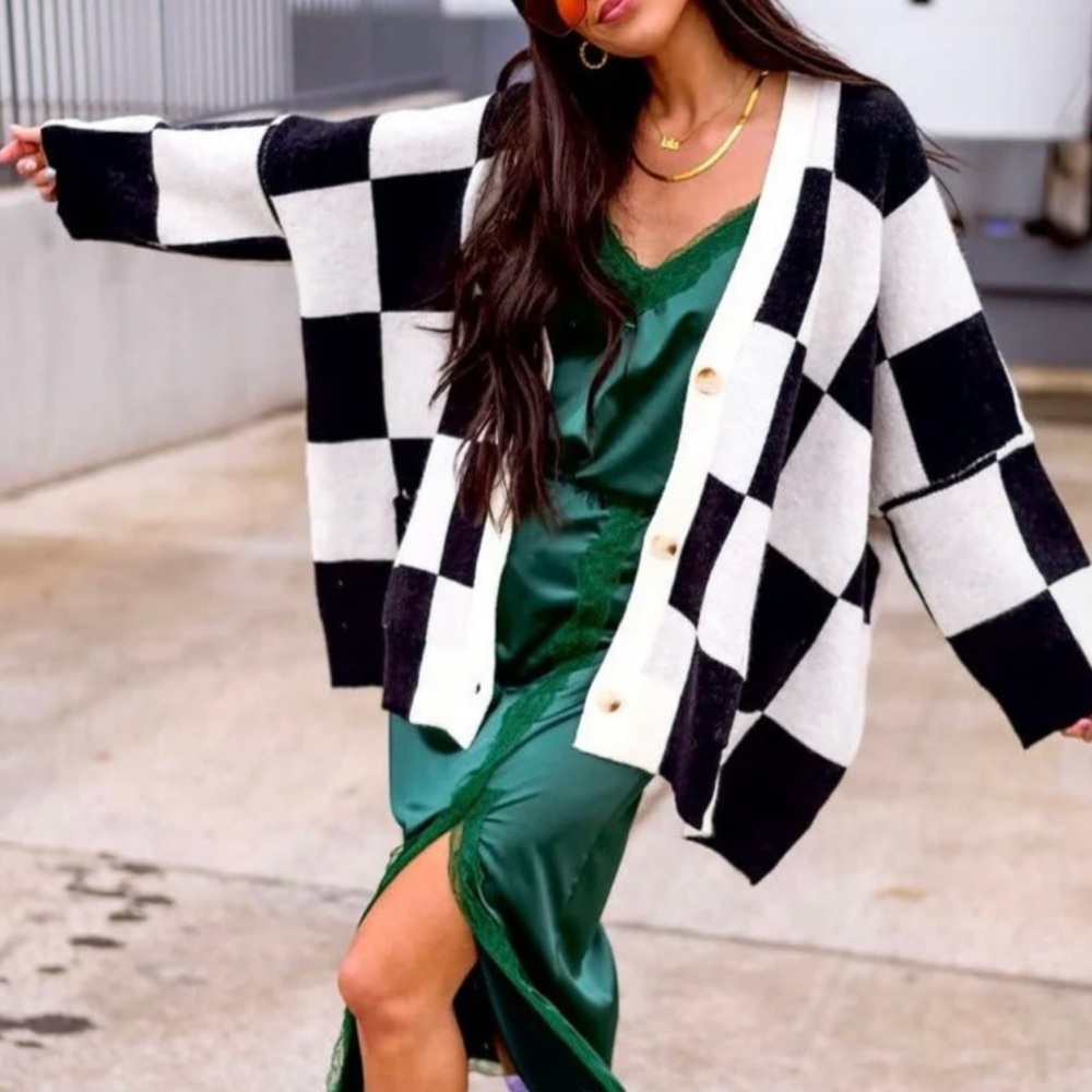 Dressed in LALA Black and White Checkered Cardigan